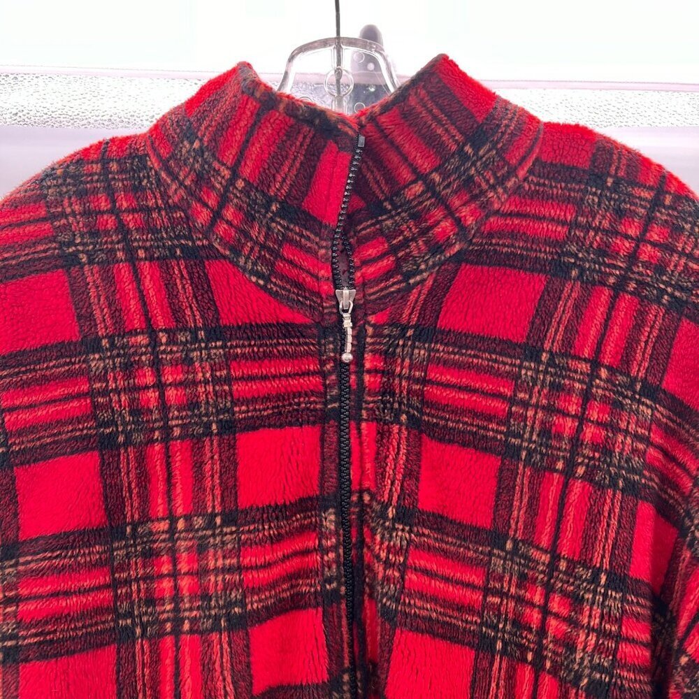 Kristen Blake Apres Plaid Fleece Jacket  Full Zip Red/Black Size Medium Pockets - Picture 2 of 9